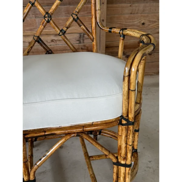 Mid-20th Century Restored Rattan Settee With Built-in Side Table and New Custom Upholstery - Image 13