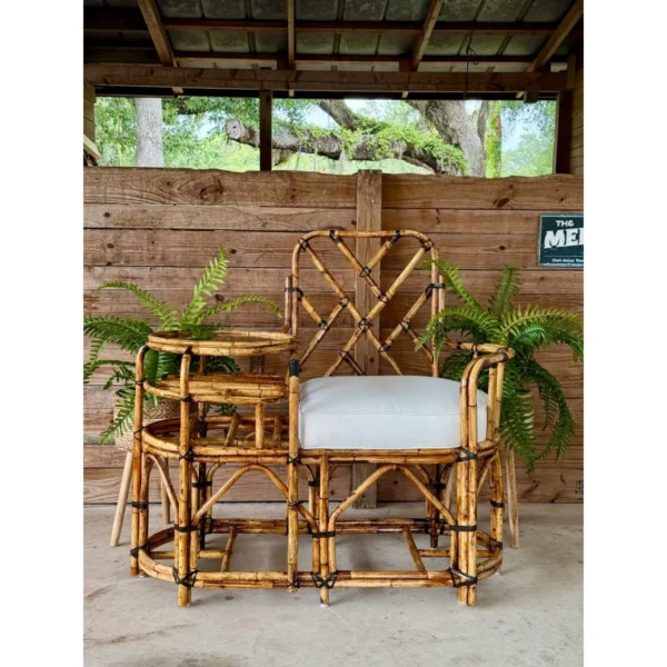 Mid-20th Century Restored Rattan Settee With Built-in Side Table and New Custom Upholstery - Image 5