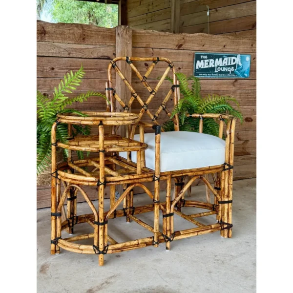 Mid-20th Century Restored Rattan Settee With Built-in Side Table and New Custom Upholstery - Image 3