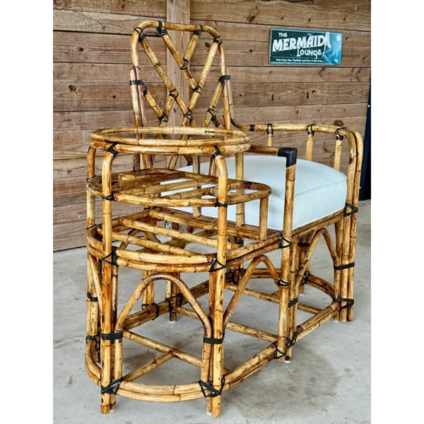 Mid-20th Century Restored Rattan Settee With Built-in Side Table and New Custom Upholstery - Image 11