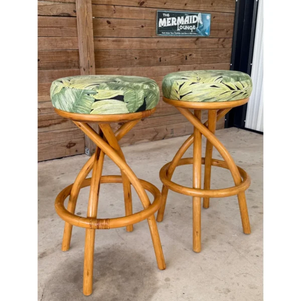 Mid-20th Century Swivel Twist Rattan Barstools in the Manner of Paul Frankl — Pair - Image 6