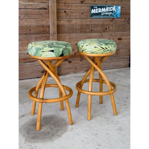 Mid-20th Century Swivel Twist Rattan Barstools in the Manner of Paul Frankl — Pair - Image 7