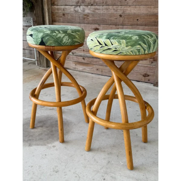 Mid-20th Century Swivel Twist Rattan Barstools in the Manner of Paul Frankl — Pair - Image 4