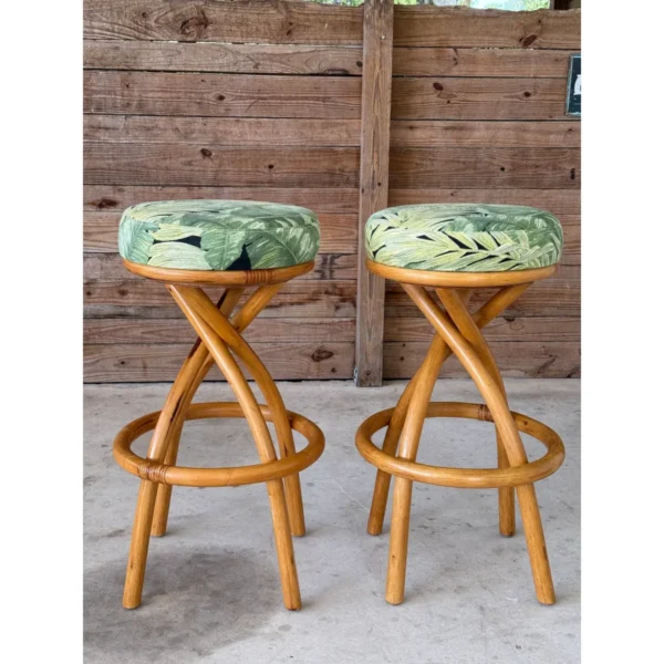 Mid-20th Century Swivel Twist Rattan Barstools in the Manner of Paul Frankl — Pair - Image 3