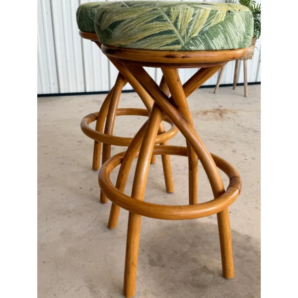 Mid-20th Century Swivel Twist Rattan Barstools in the Manner of Paul Frankl — Pair - Image 12