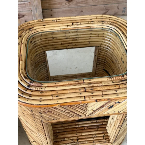 Pair of Mid-20th Century Organic Modern Refinished Split Rattan Side Tables With Inset Glass Tops - Image 6