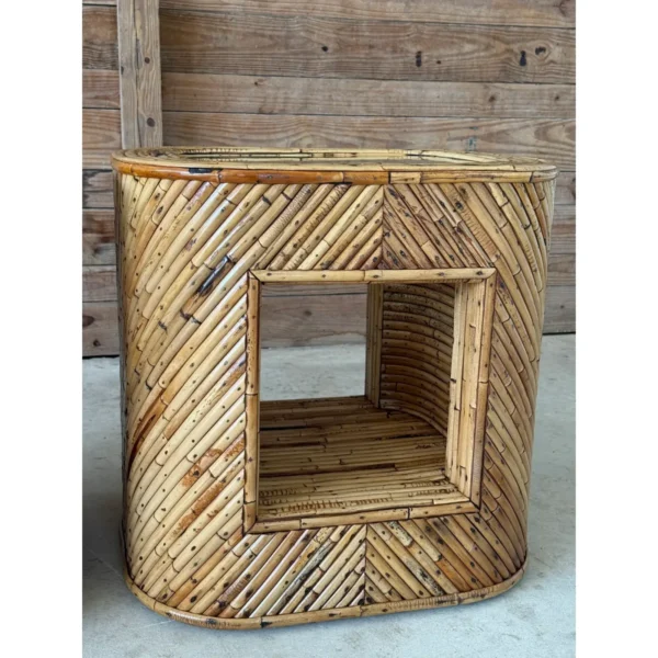 Pair of Mid-20th Century Organic Modern Refinished Split Rattan Side Tables With Inset Glass Tops - Image 4