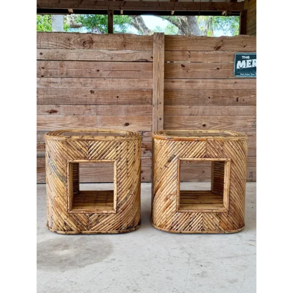 Pair of Mid-20th Century Organic Modern Refinished Split Rattan Side Tables With Inset Glass Tops - Image 10