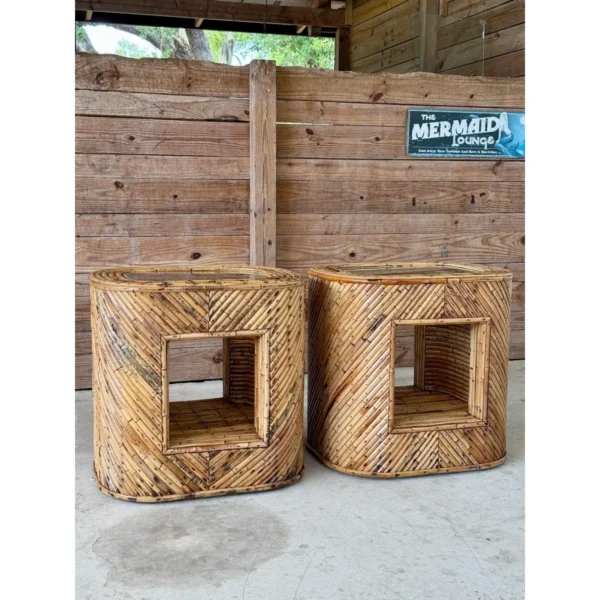 Pair of Mid-20th Century Organic Modern Refinished Split Rattan Side Tables With Inset Glass Tops - Image 3