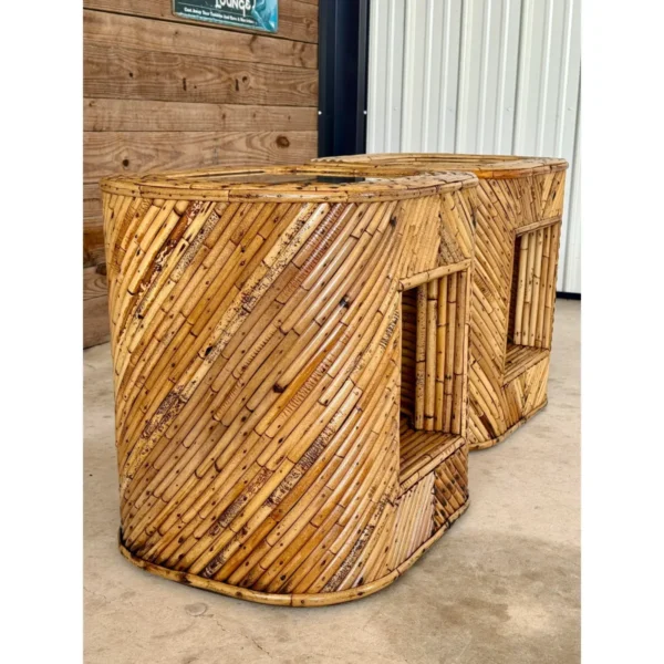 Pair of Mid-20th Century Organic Modern Refinished Split Rattan Side Tables With Inset Glass Tops - Image 7