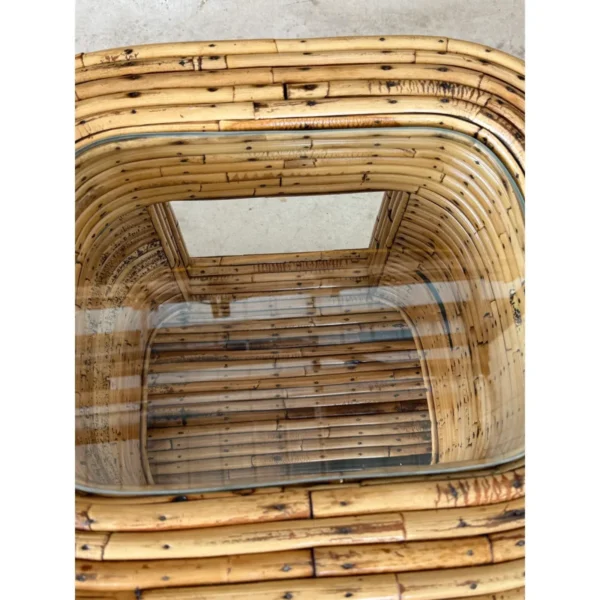 Pair of Mid-20th Century Organic Modern Refinished Split Rattan Side Tables With Inset Glass Tops - Image 5