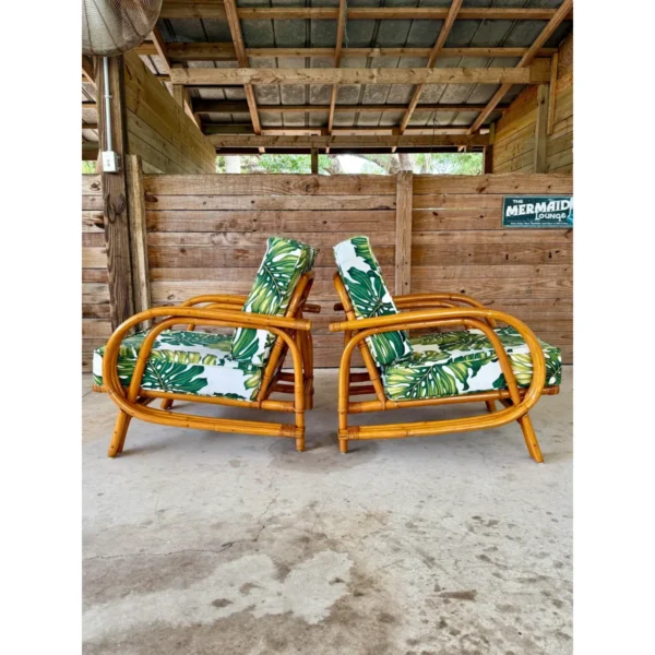 Pair of Mid-20th Century Restored Bent Rattan Lounge Chairs With Tropical Upholstery - Image 11