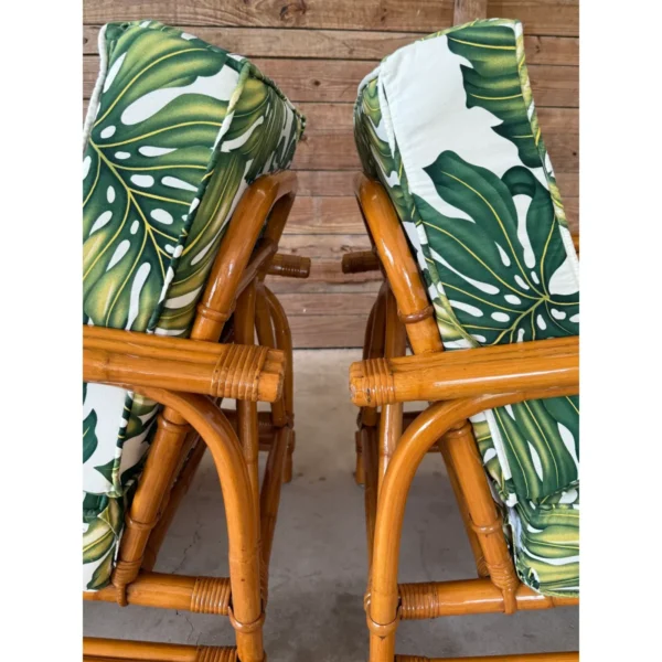 Pair of Mid-20th Century Restored Bent Rattan Lounge Chairs With Tropical Upholstery - Image 5