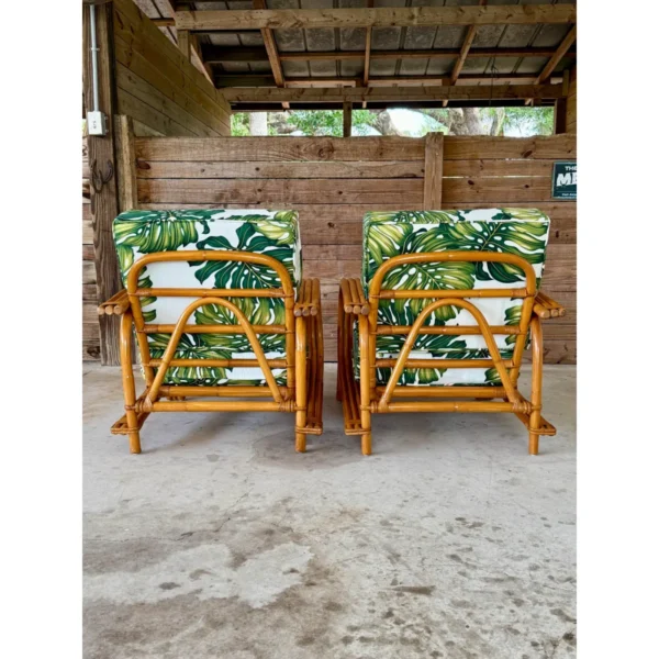 Pair of Mid-20th Century Restored Bent Rattan Lounge Chairs With Tropical Upholstery - Image 8