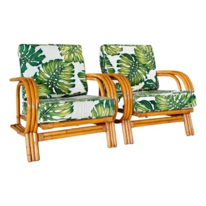 Pair of Mid-20th Century Restored Bent Rattan Lounge Chairs With Tropical Upholstery