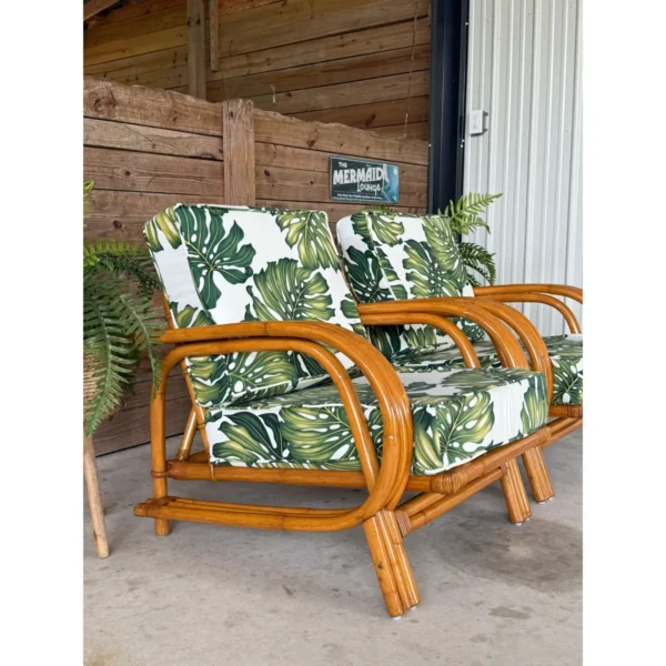 Pair of Mid-20th Century Restored Bent Rattan Lounge Chairs With Tropical Upholstery - Image 13