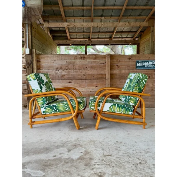 Pair of Mid-20th Century Restored Bent Rattan Lounge Chairs With Tropical Upholstery - Image 10
