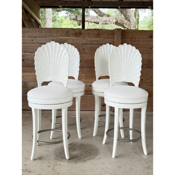 Set of Four Mid-20th Century Coastal Regency Venetian Grotto Shell Back Swivel Counter Stools - Image 6