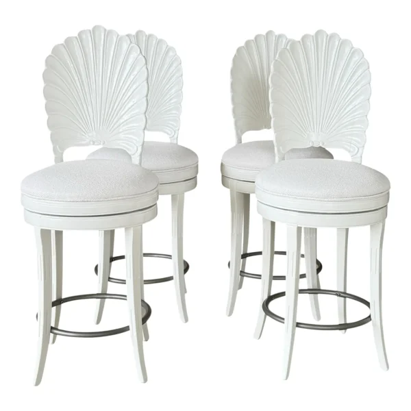 Set of Four Mid-20th Century Coastal Regency Venetian Grotto Shell Back Swivel Counter Stools