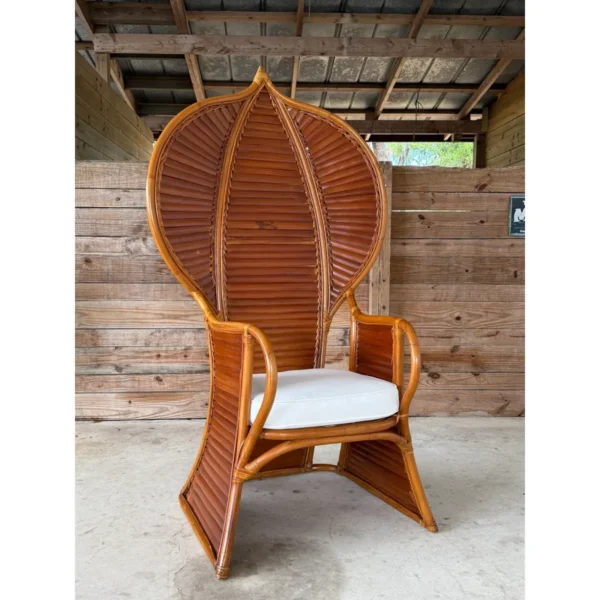 Vintage Bamboo Slat Cobra Rattan Fan Back Chair With New Sunbrella Cushion - Image 3