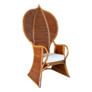 Vintage Bamboo Slat Cobra Rattan Fan Back Chair With New Sunbrella Cushion