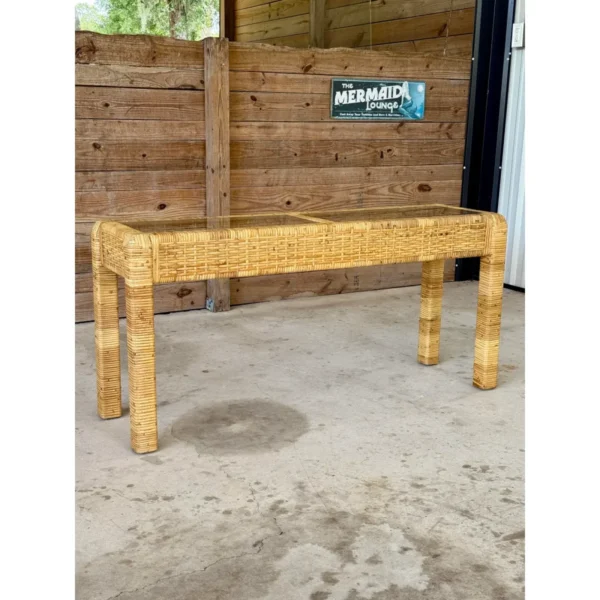 Vintage Coastal Organic Modern Rattan Wrapped Console Table in the Manner of Billy Baldwin - Image 9