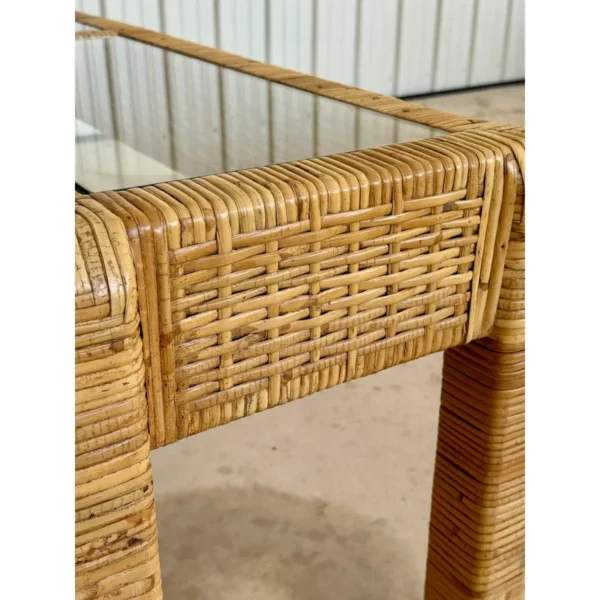 Vintage Coastal Organic Modern Rattan Wrapped Console Table in the Manner of Billy Baldwin - Image 4