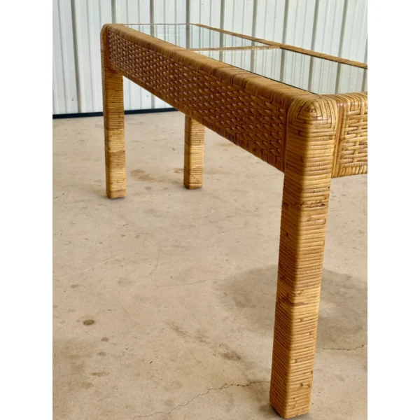 Vintage Coastal Organic Modern Rattan Wrapped Console Table in the Manner of Billy Baldwin - Image 3