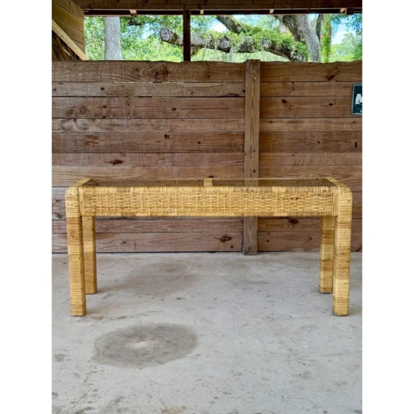 Vintage Coastal Organic Modern Rattan Wrapped Console Table in the Manner of Billy Baldwin - Image 11