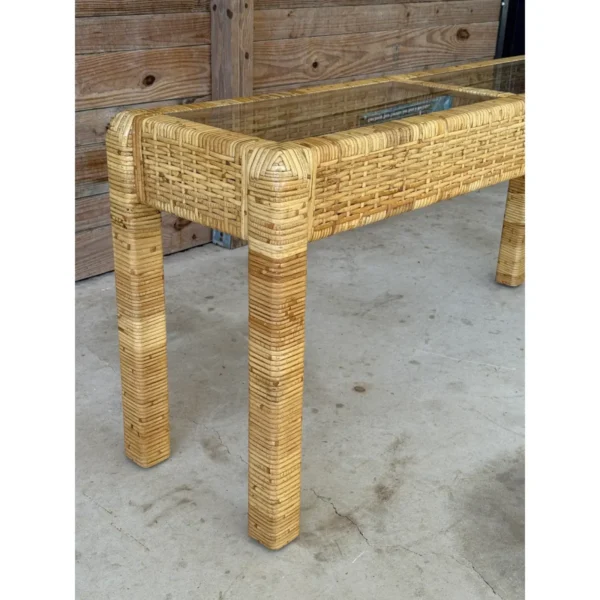Vintage Coastal Organic Modern Rattan Wrapped Console Table in the Manner of Billy Baldwin - Image 12