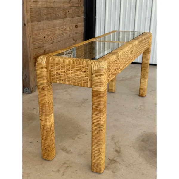 Vintage Coastal Organic Modern Rattan Wrapped Console Table in the Manner of Billy Baldwin - Image 13