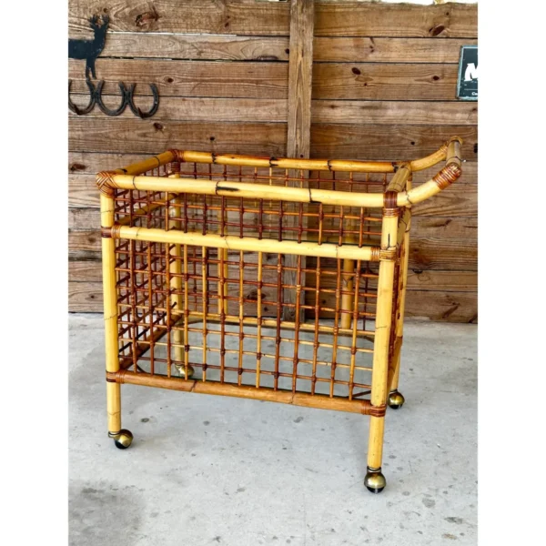 Vintage Coastal Rattan Bamboo Two Shelf Bar Cart With Glass - Image 10