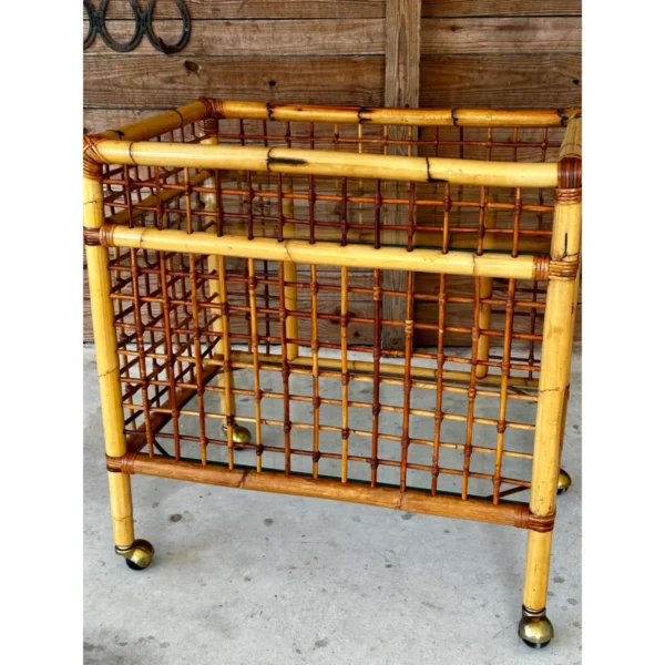 Vintage Coastal Rattan Bamboo Two Shelf Bar Cart With Glass - Image 12