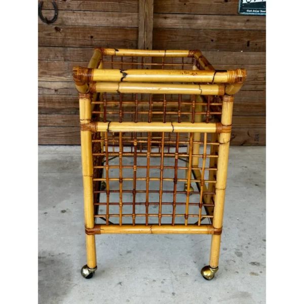 Vintage Coastal Rattan Bamboo Two Shelf Bar Cart With Glass - Image 11