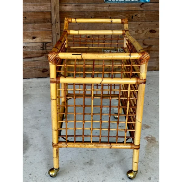 Vintage Coastal Rattan Bamboo Two Shelf Bar Cart With Glass - Image 13
