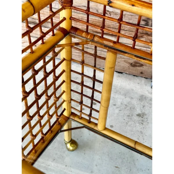 Vintage Coastal Rattan Bamboo Two Shelf Bar Cart With Glass - Image 8