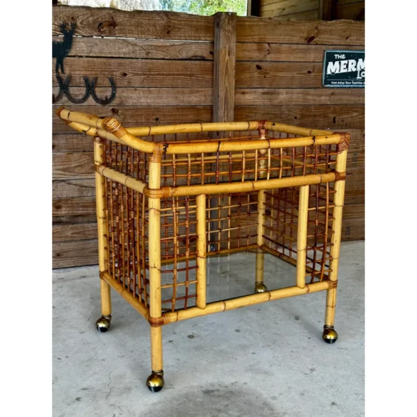 Vintage Coastal Rattan Bamboo Two Shelf Bar Cart With Glass - Image 5