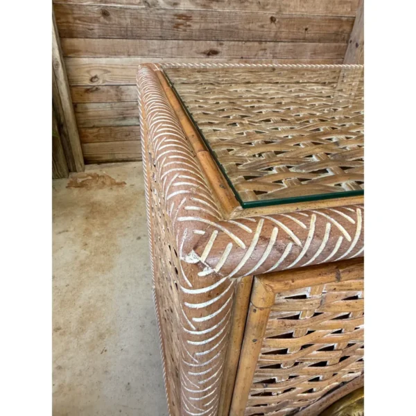 Vintage Coastal Regency Handwoven Rattan Sideboard With Elephant Head Pulls - Image 12
