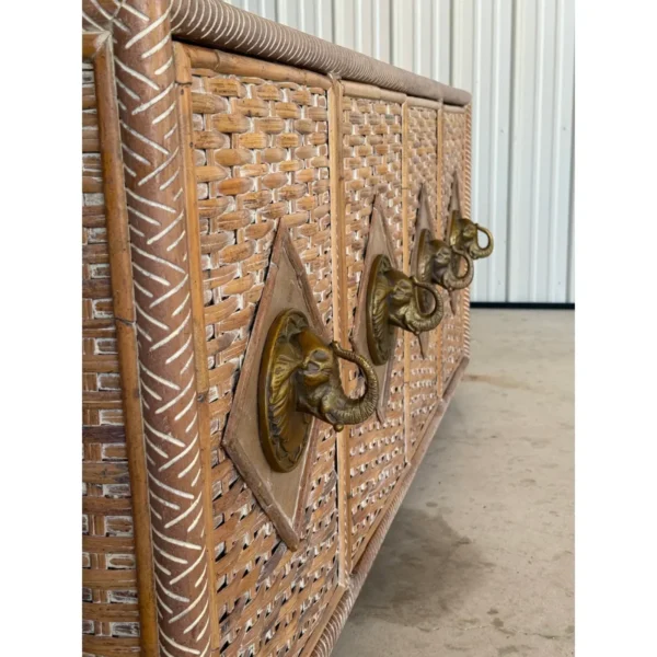 Vintage Coastal Regency Handwoven Rattan Sideboard With Elephant Head Pulls - Image 13
