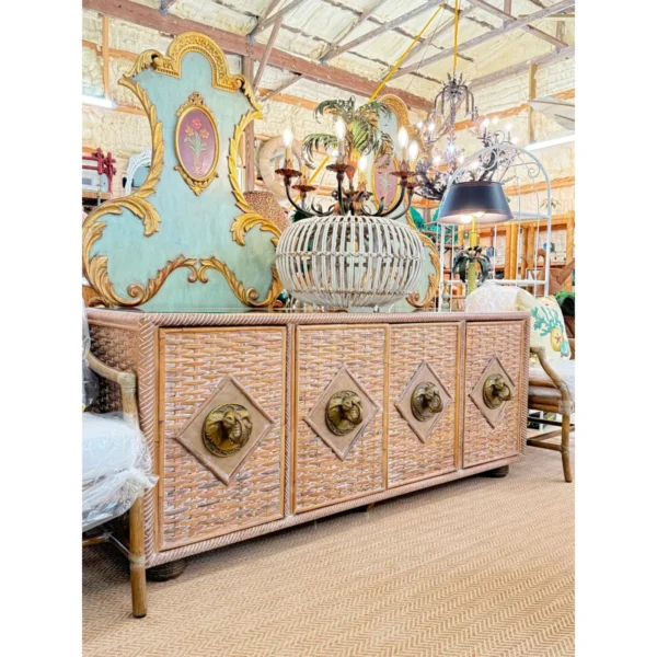 Vintage Coastal Regency Handwoven Rattan Sideboard With Elephant Head Pulls - Image 3
