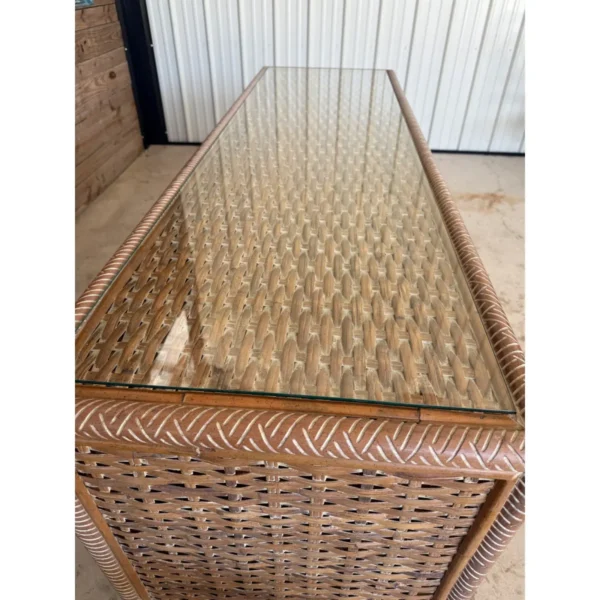 Vintage Coastal Regency Handwoven Rattan Sideboard With Elephant Head Pulls - Image 9
