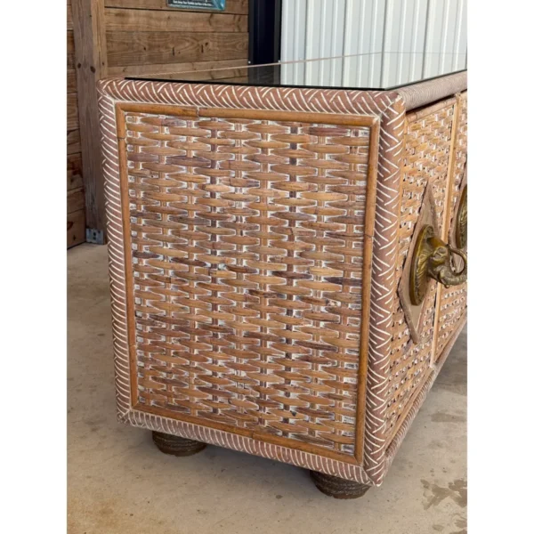 Vintage Coastal Regency Handwoven Rattan Sideboard With Elephant Head Pulls - Image 8