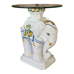 Vintage Italian Glazed Terracotta Elephant Side Table With Hand-Painted Details and Attached Glass Top