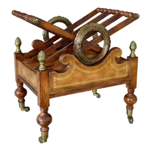 Vintage Leather and Maple Neoclassical Canterbury Magazine Rack With Brass Accents