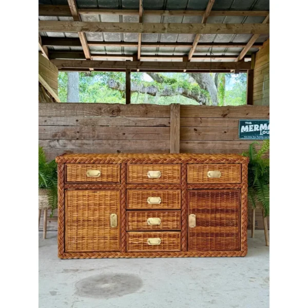 Vintage Organic Modern Restored Large Braid Rattan Sideboard With Brass Hardware - Image 11