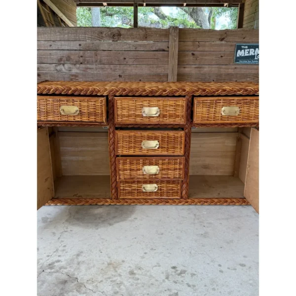 Vintage Organic Modern Restored Large Braid Rattan Sideboard With Brass Hardware - Image 12