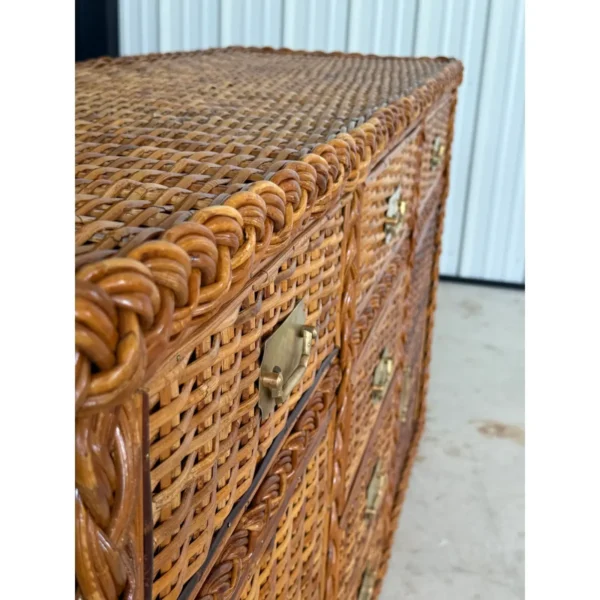 Vintage Organic Modern Restored Large Braid Rattan Sideboard With Brass Hardware - Image 13