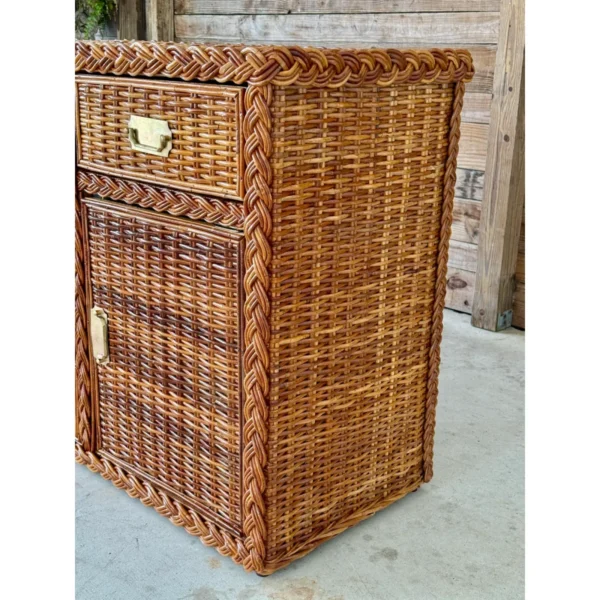 Vintage Organic Modern Restored Large Braid Rattan Sideboard With Brass Hardware - Image 4
