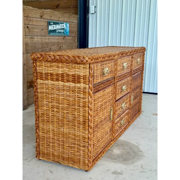 Vintage Organic Modern Restored Large Braid Rattan Sideboard With Brass Hardware - Image 10