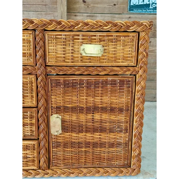 Vintage Organic Modern Restored Large Braid Rattan Sideboard With Brass Hardware - Image 8